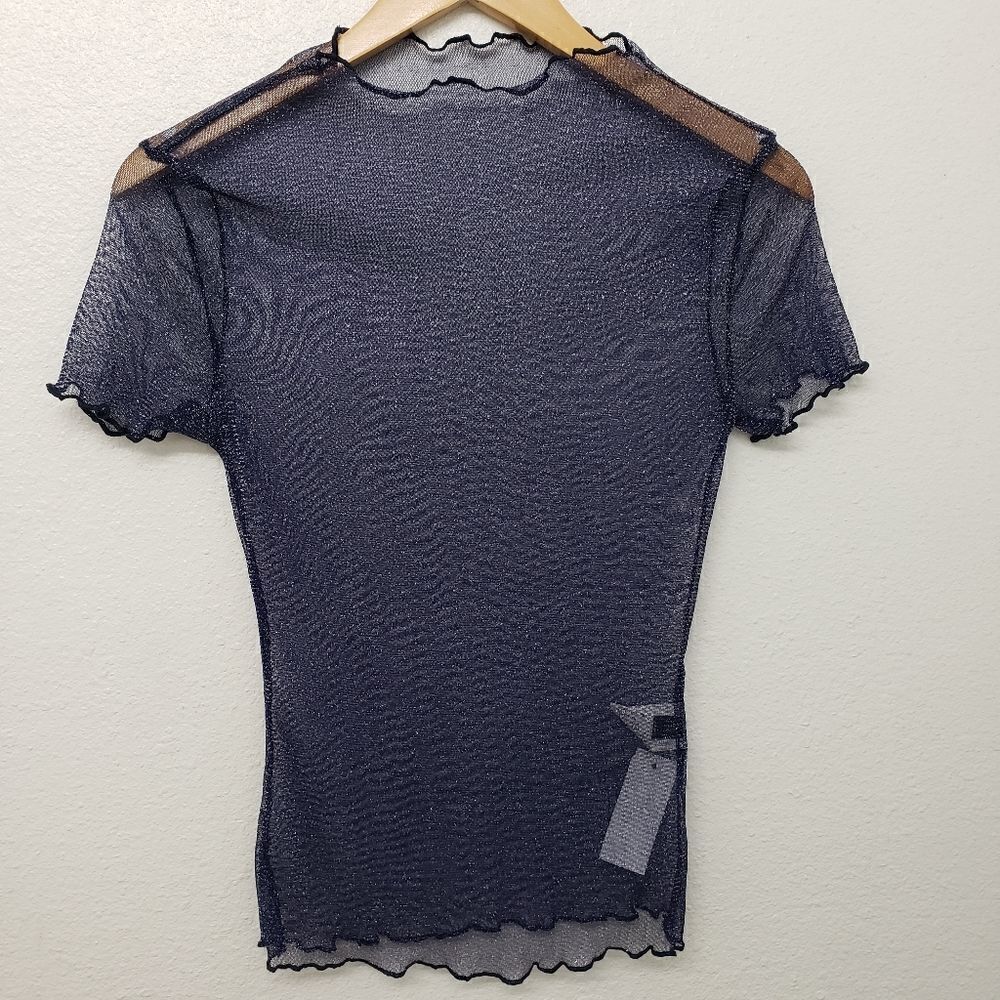 SHEIN Sheer Navy Blue Glitter Lettuce Hem Blouse Size M